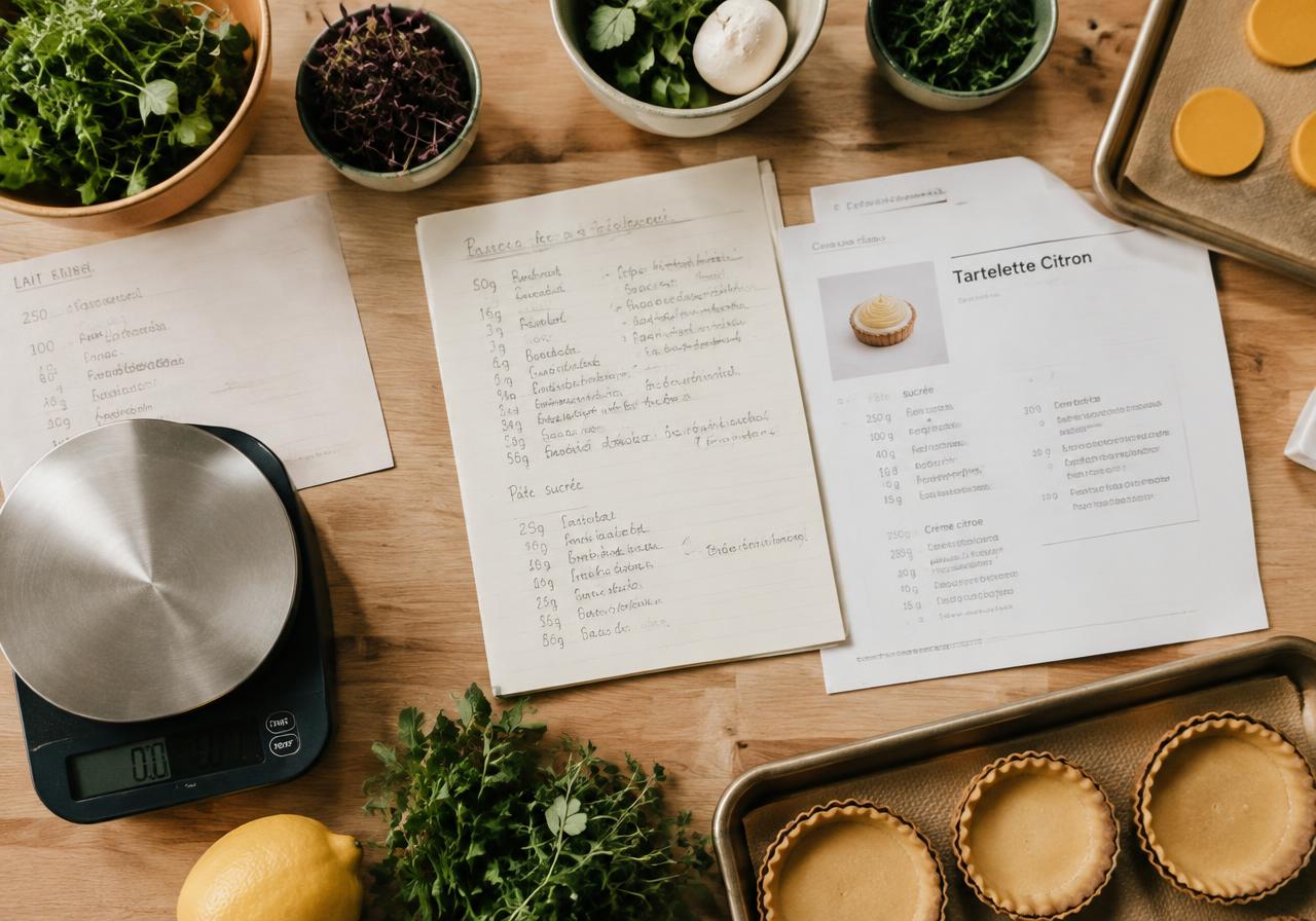 Recipe development notes and pastry on a work table