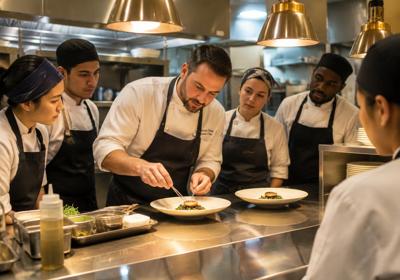 Chef demonstrating plating to a kitchen team